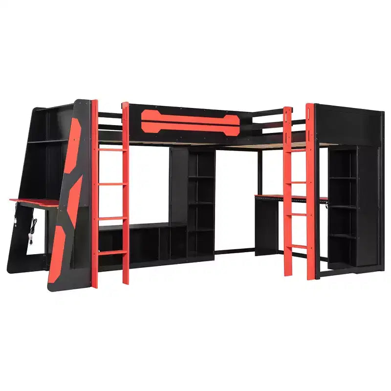 Lit mezzanine de jeu en L avec bureaux, lits superposés doubles avec lumières LED, ports USB, étagères de rangement, lit mezzanine d'angle en bois pour 2 personnes