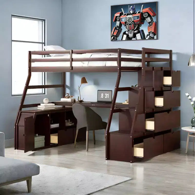 Lit mezzanine simple avec 7 tiroirs, 2 étagères, armoire et bureau pour enfants et adolescents