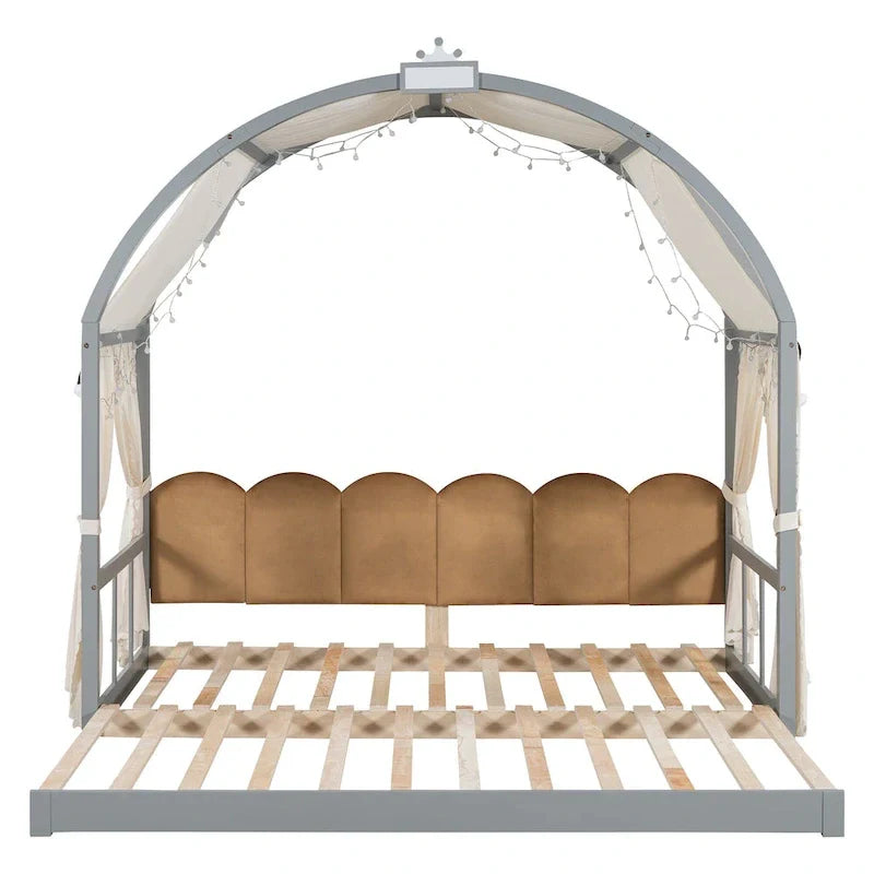 Lit cabane Montessori en bois massif avec plateforme, toit voûté et lit gigogne pour filles et garçons