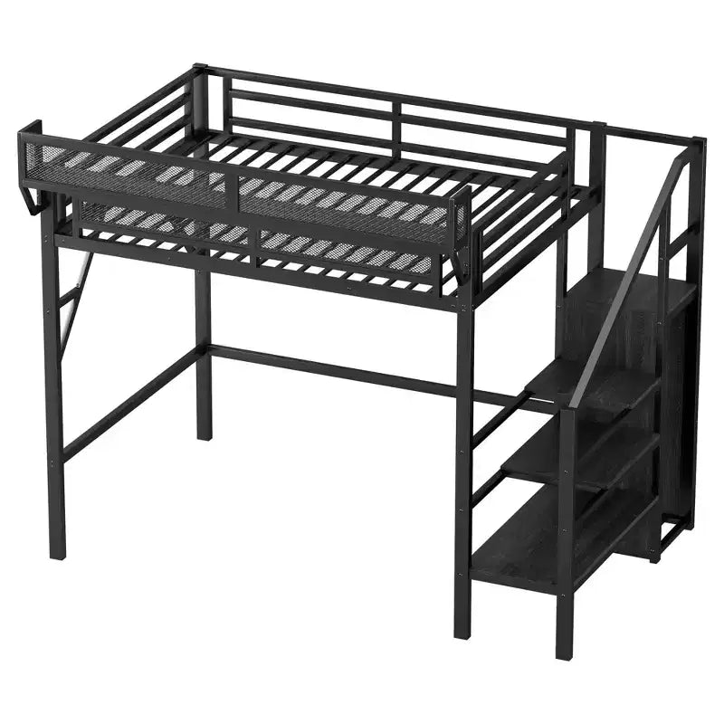 Lit mezzanine jumeau Okak 94IN avec armoire, lit jumeau avec étagères de rangement et panier, cadres de lit pour chambre à coucher, dortoir