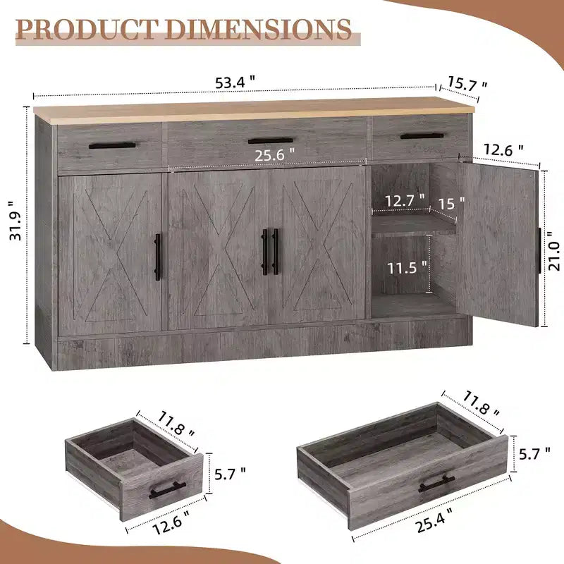 Buffet de cuisine Celebalcony avec rangement, grand buffet de cuisine de 135,6 cm avec 3 tiroirs et 4 portes, étagère réglable pour cuisine, salon