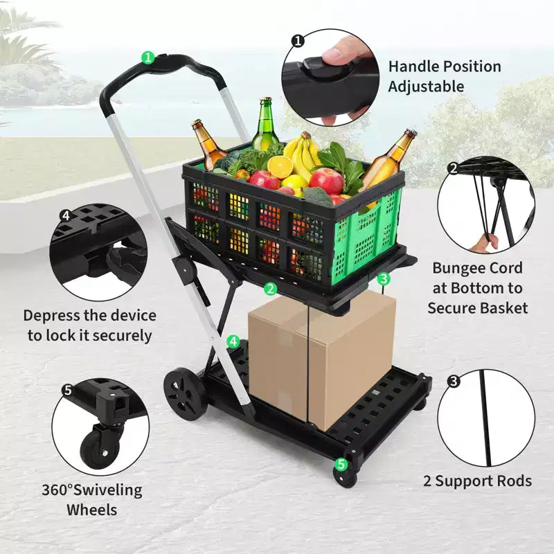 Chariots de courses pliants à 2 niveaux pour l'épicerie, capacité de 90 kg, chariot d'épicerie pliable portable avec roues et caisse amovible pour centre commercial, bleu