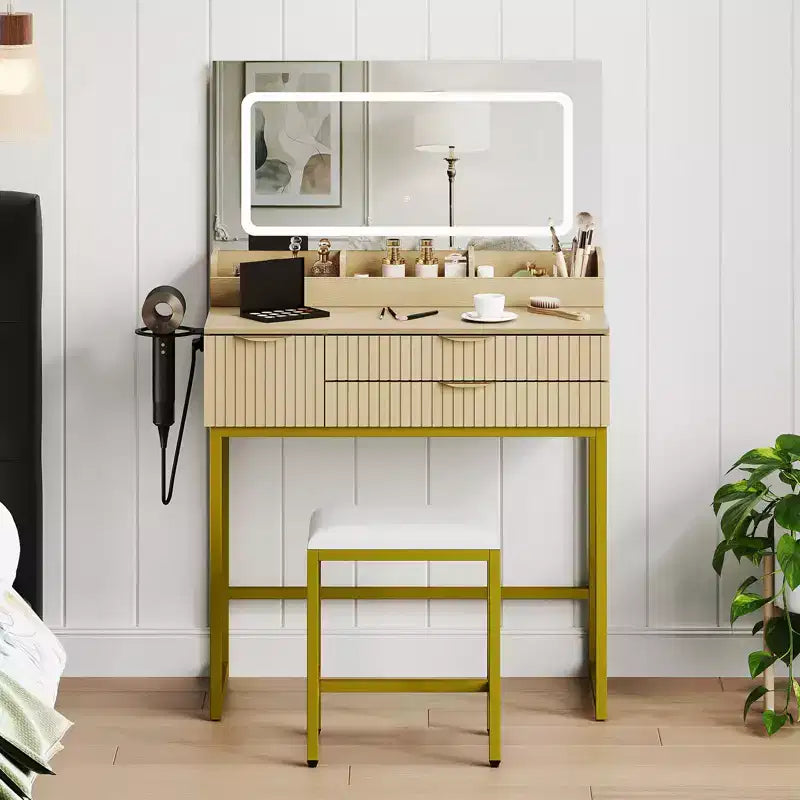 Coiffeuse avec miroir et lumières, miroir lumineux à LED, tiroirs de rangement spacieux pour produits cosmétiques et articles de toilette