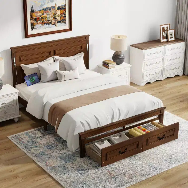 ModernLuxe Lit plateforme Queen/King Size avec tête de lit haute, cadre de lit rustique en bois avec 2 tiroirs, lumières LED et ports USB
