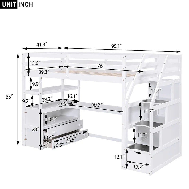 Lit mezzanine taille jumeau avec bureau et étagères, deux tiroirs intégrés, escalier de rangement