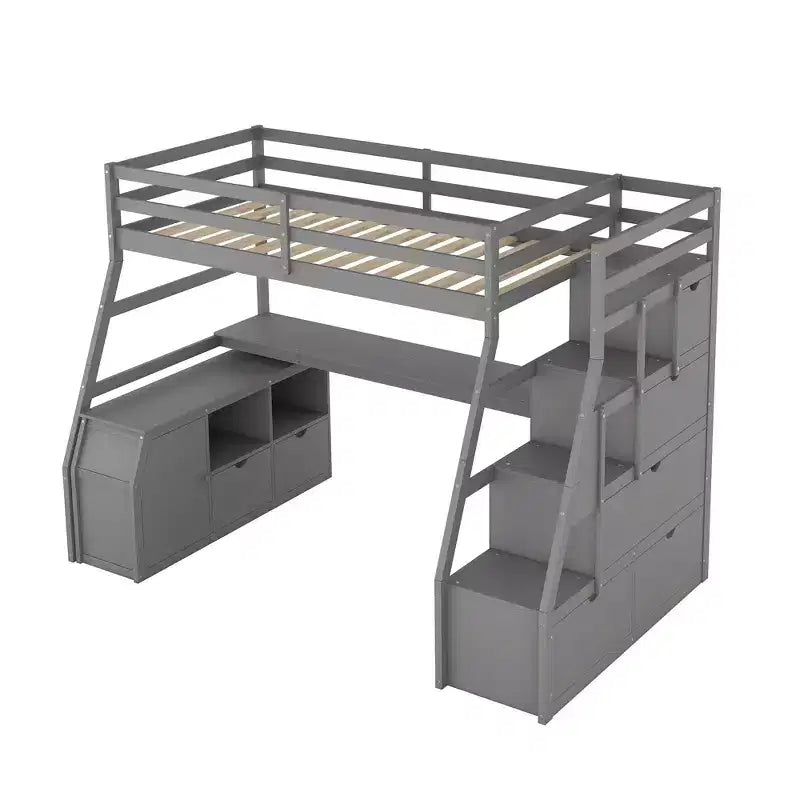 Lit mezzanine simple avec 7 tiroirs, 2 étagères, armoire et bureau pour enfants et adolescents