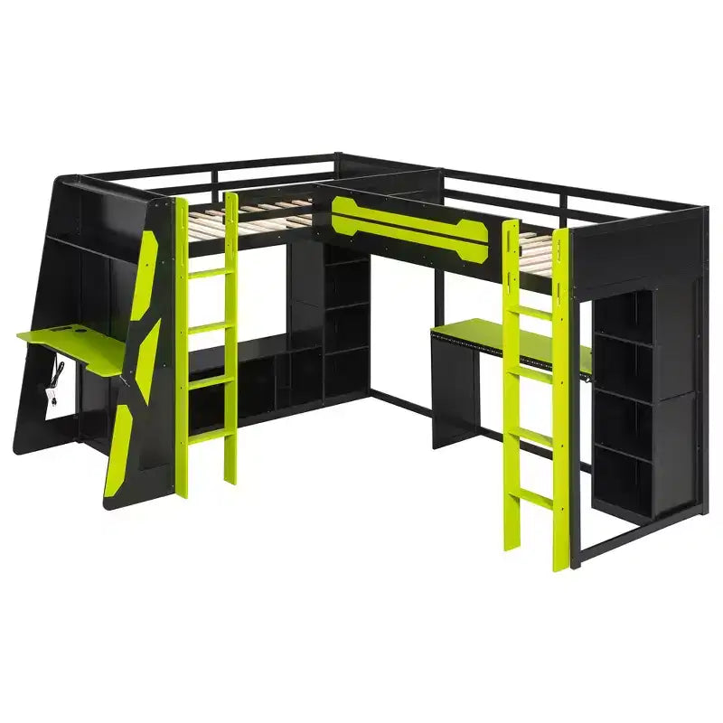 Lit mezzanine de jeu en L avec bureaux, lits superposés doubles avec lumières LED, ports USB, étagères de rangement, lit mezzanine d'angle en bois pour 2 personnes