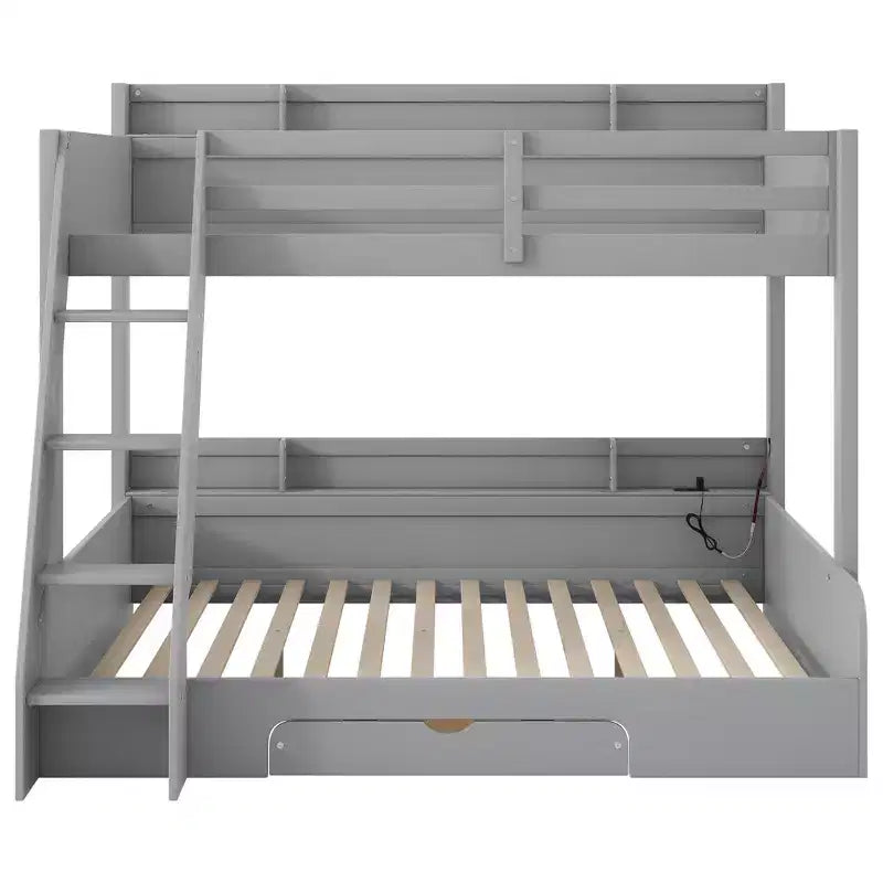 Lit superposé double sur toute la longueur avec rangement, lumières LED et station de charge, lit superposé en bois avec étagères latérales pour enfants et adolescents