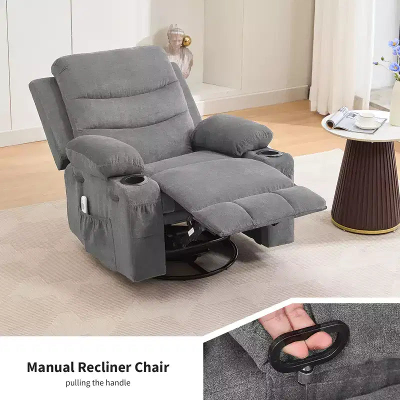 Fauteuil Inclinable Pivotant avec Massage et Chaleur, Fauteuil à Bascule 360° avec Porte-Gobelets et Poches Latérales, Canapé Ergonomique pour Salon, Camping-car, Chambre de Bébé