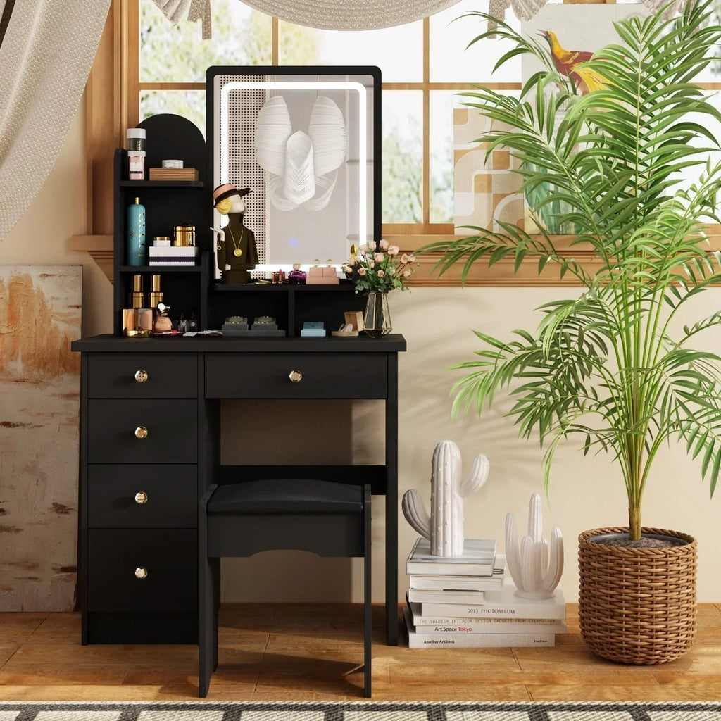 Coiffeuse avec miroir LED intégré et tabouret