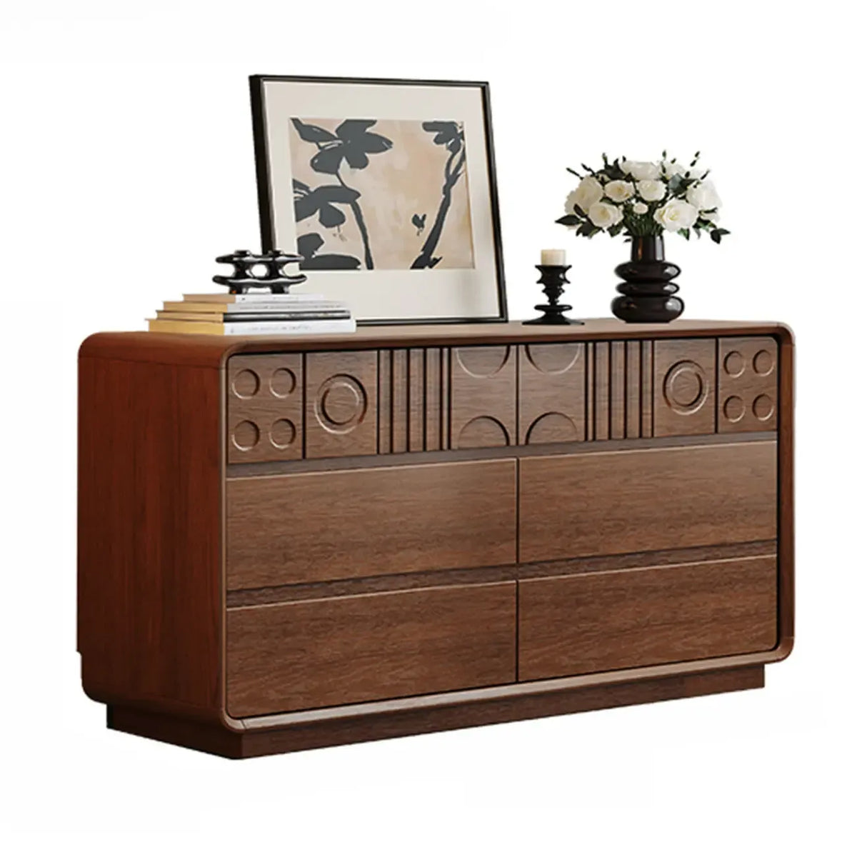 Commode en bois d'inspiration Art déco avec sculptures géométriques