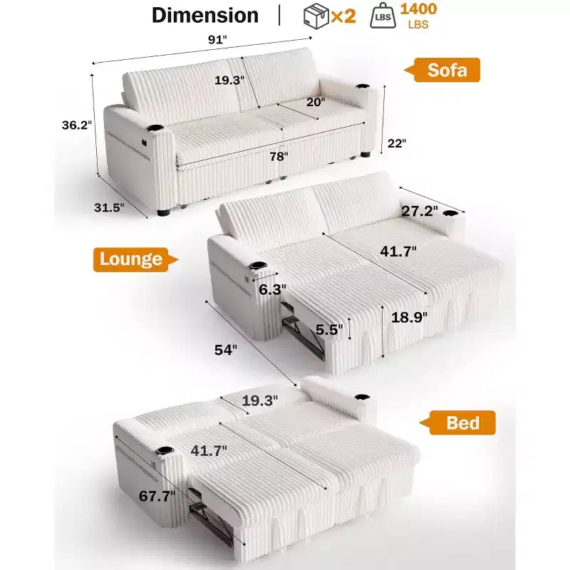 Canapé-lit d'angle Dyonery 91 avec lit gigogne, dossier inclinable/deux lits gigognes/ports USB/porte-gobelets, velours côtelé moelleux