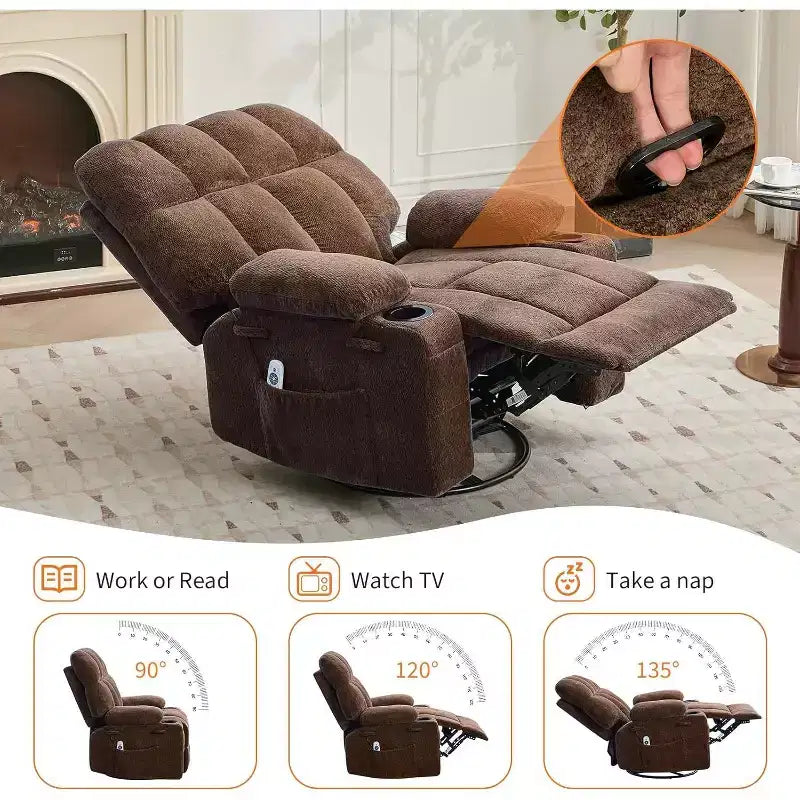 Fauteuil inclinable surdimensionné pour adultes, canapé berçant pivotant manuel, poches latérales et porte-gobelets pour personnes fortes et de grande taille, salon
