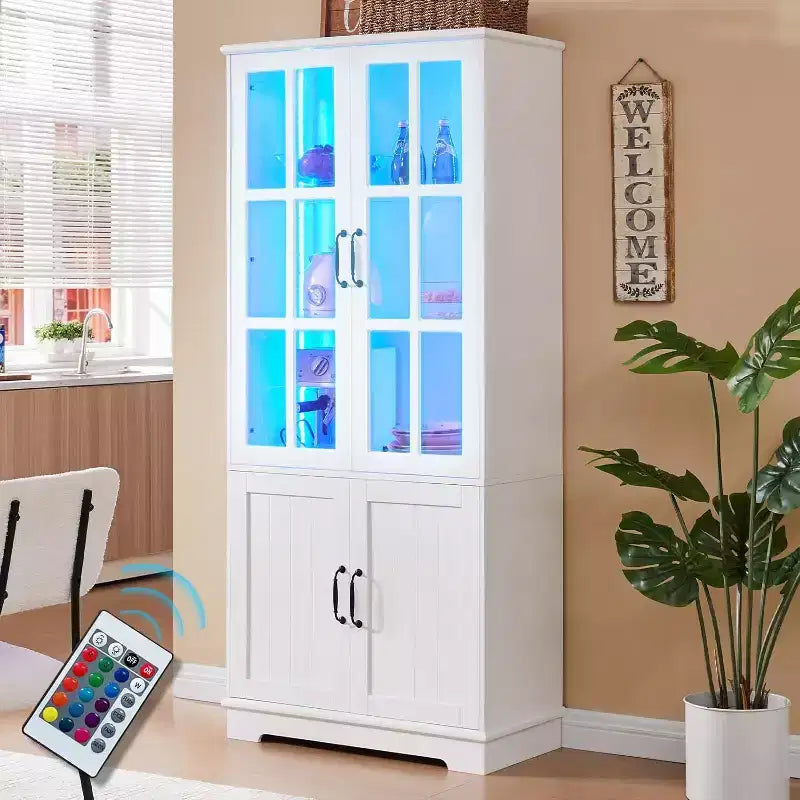 AMERLIFE Armoire de rangement haute 180 cm avec lumières LED, grande bibliothèque avec portes en verre acrylique