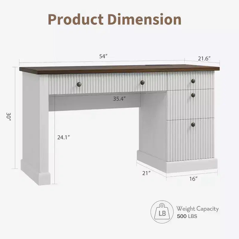 Meuble de rangement de bureau cannelé, bureau de direction moderne de 54 po avec station de recharge, bureau d'ordinateur en bois avec tiroirs classeurs pour bureau d'étude