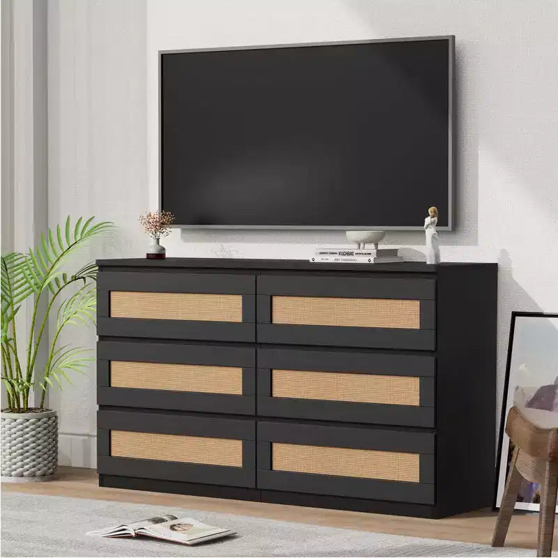 Commode en rotin pour chambre à coucher avec 6 tiroirs, 47 commode large moderne de style ferme, armoire de rangement en bois pour placard, salon, couloir