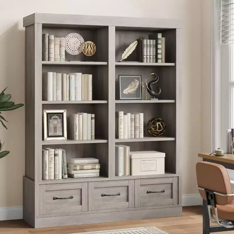Bibliothèque et étagères de 64 H, étagère avec 3 tiroirs de rangement, étagère ouverte à 4 niveaux double largeur pour bureau salon