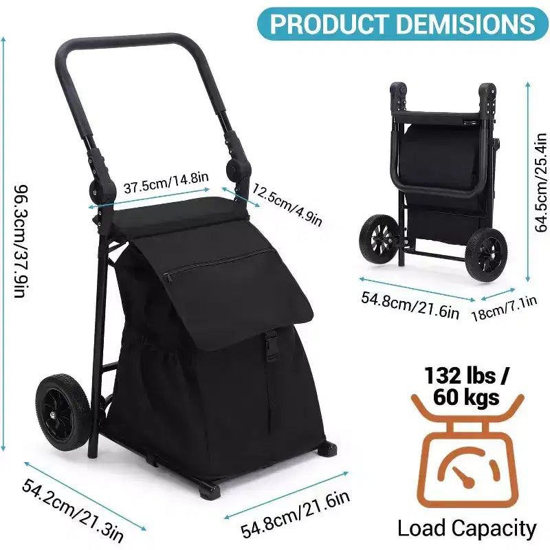 Chariot de transport pliable 2-en-1 Acekool avec sac étanche amovible, coussin d'assise épais et poignée antidérapante réglable, noir