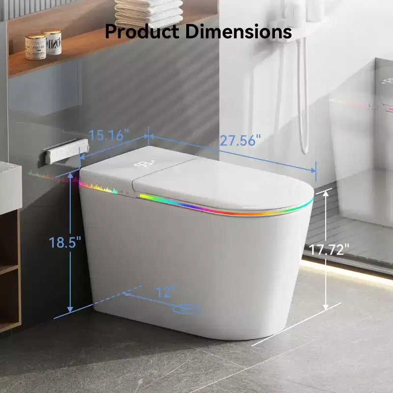 Toilettes intelligentes Dyonery, monobloc sans réservoir avec bouclier en mousse, couvercle à ouverture/fermeture automatique, bidet et séchoir chauffants, veilleuse LED, chasse d'eau automatique