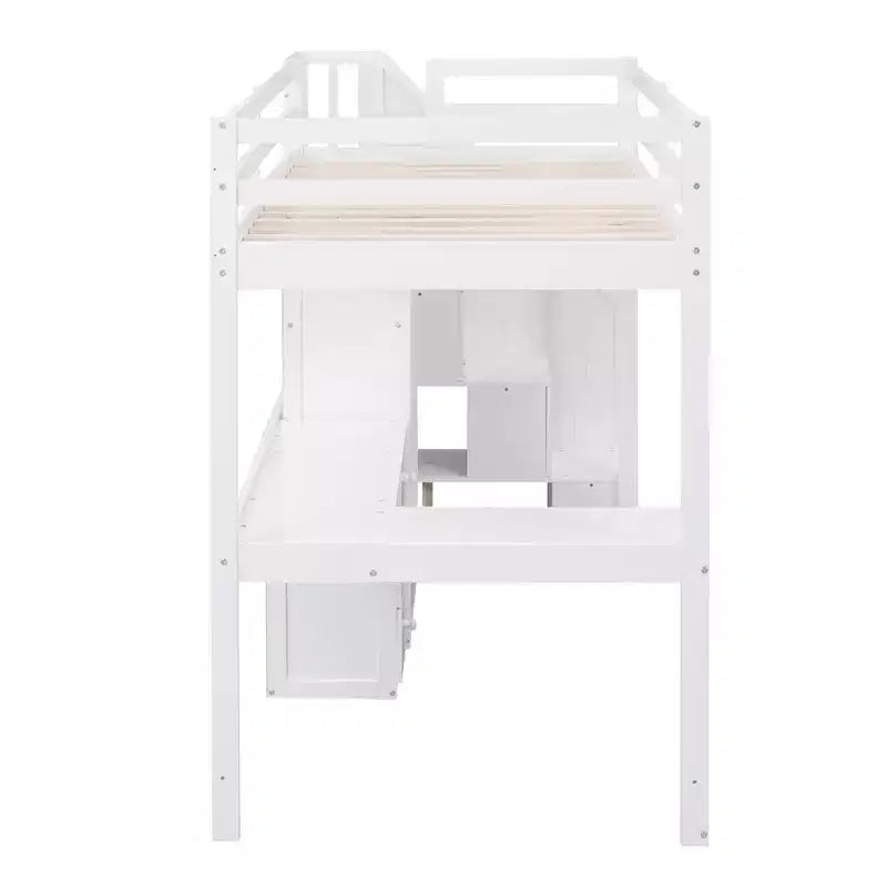 Lit mezzanine une place avec bureau en L, 3 tiroirs, placard, rangements intégrés dans l'escalier, en pin massif/MDF