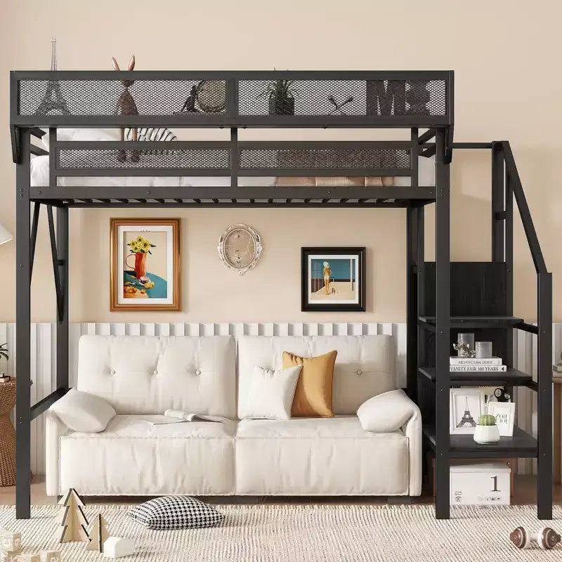 Lit mezzanine jumeau Okak 94IN avec armoire, lit jumeau avec étagères de rangement et panier, cadres de lit pour chambre à coucher, dortoir