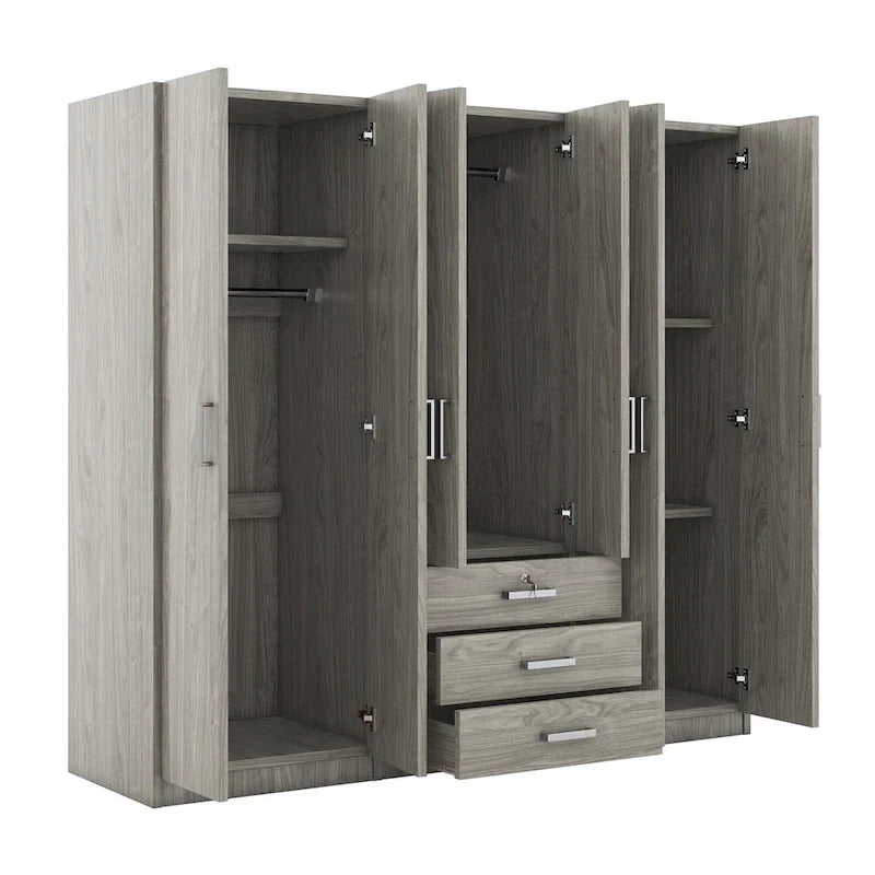 Armoire 6 portes en bois avec 3 grands tiroirs de rangement pour chambre à coucher