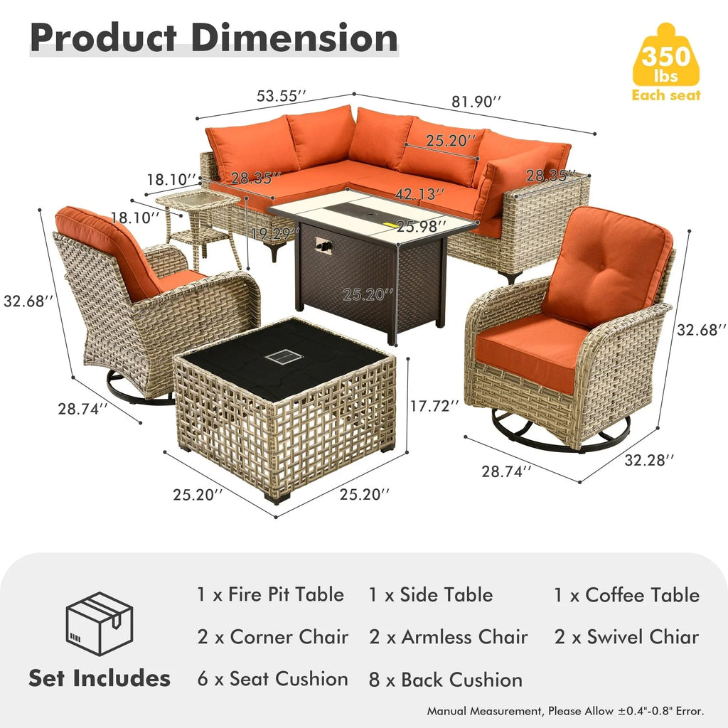 Ensemble de 9 chaises pivotantes en osier d'extérieur OVIOS avec table brasero