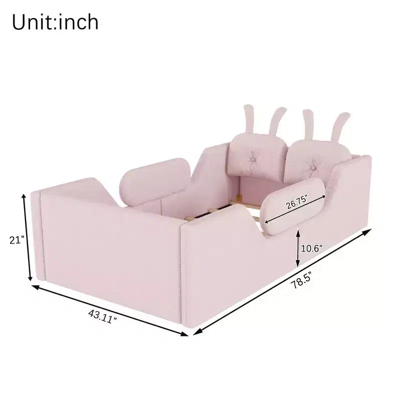Lit plateforme double Whisen, cadre de lit rembourré pour enfants avec coussin lapin, barrières latérales amovibles