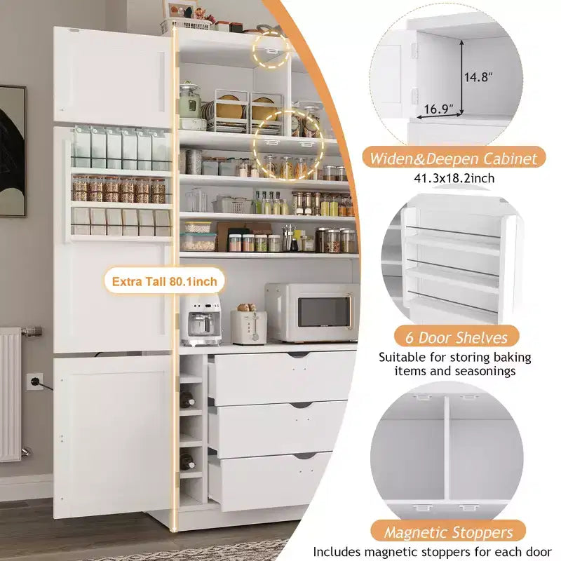 Grand meuble de garde-manger de cuisine avec prises électriques, grand placard autoportant avec support pour micro-ondes, tiroirs, étagères, casiers à vin et étagère de porte