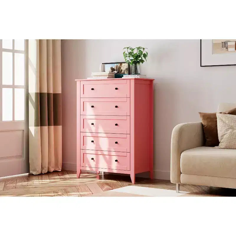 Commode à 5 tiroirs de 108 cm de haut pour chambre à coucher, armoire de rangement en bois avec tiroirs de 30 cm de profondeur et poignées en métal doré, idéale pour l'entrée ou le couloir