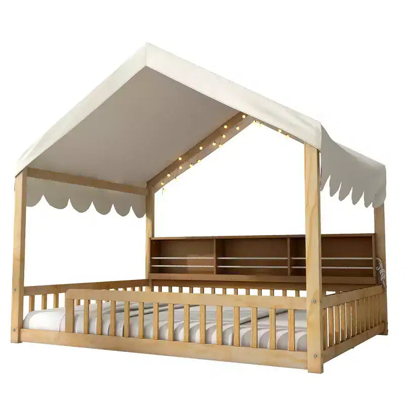 Cadre de lit en bois pleine grandeur Whisen, lit de repos en forme de maison avec clôture, 3 étagères de rangement, rideau