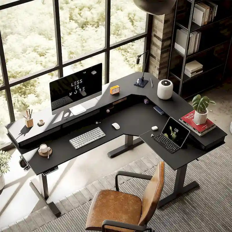 Bureau d'angle électrique debout avec 3 tiroirs et roulettes verrouillables, 160