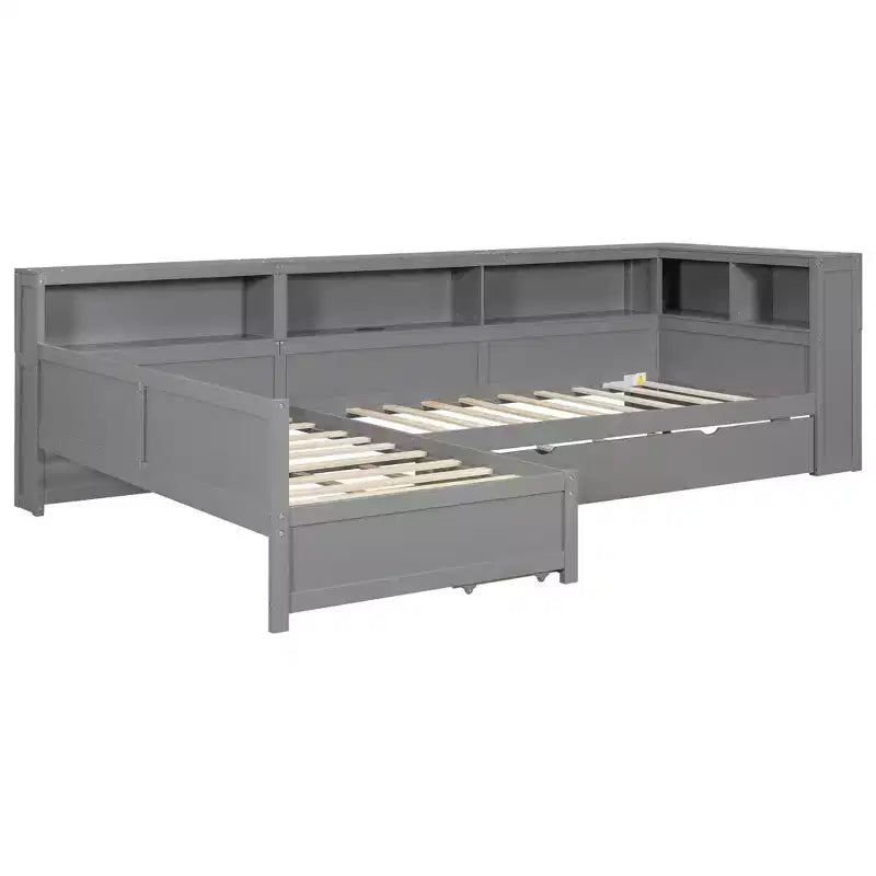Lit plateforme en L de taille double avec lit gigogne et station de recharge, cadre de lit en bois avec étagère