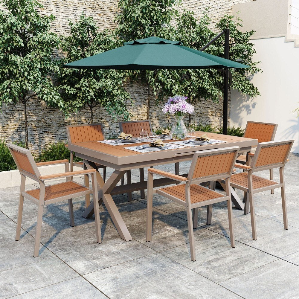 Ensemble de salle à manger d'extérieur moderne de 7 pièces avec six chaises et une table extensible pour terrasse