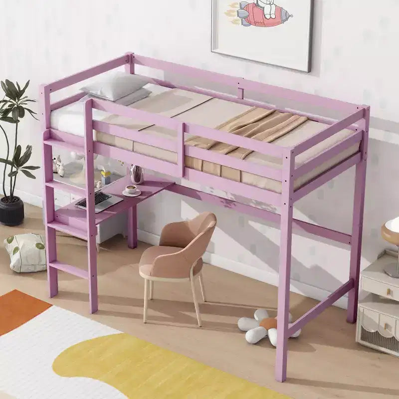 Lit mezzanine Okak Minimalism avec échelle, lit mezzanine simple en bois d'hévéa avec garde-corps de sécurité et bureau intégré, cadres de lit pour enfants, adolescents