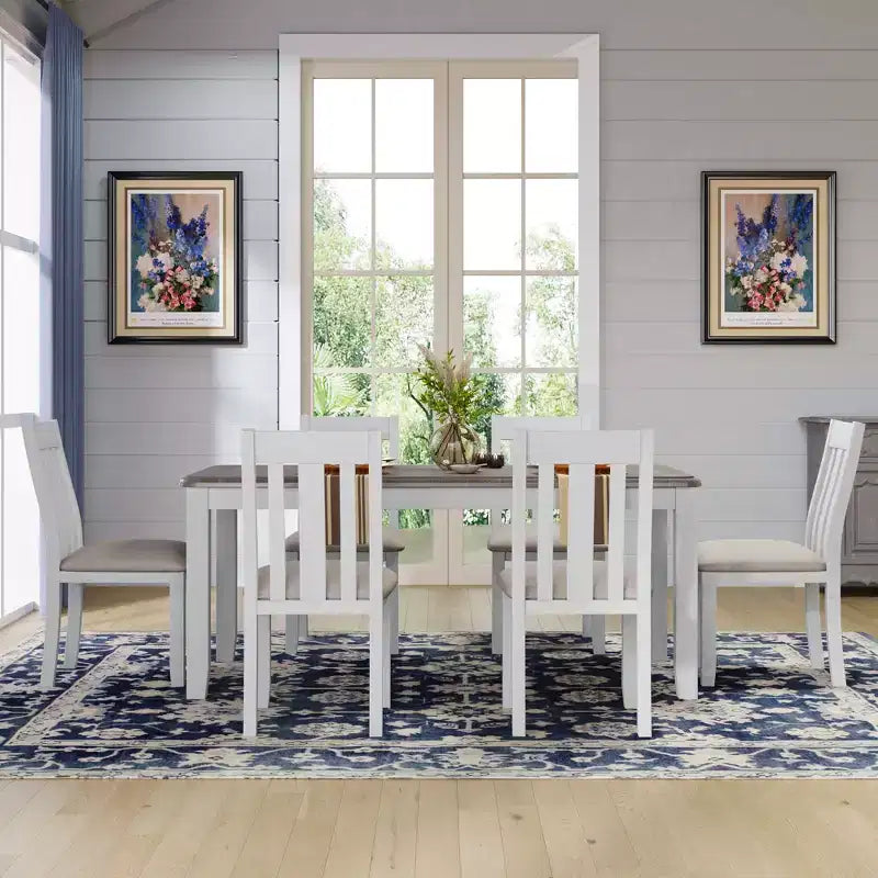 Ensemble de salle à manger extensible de style ferme pour 6 personnes, table rectangulaire et 6 chaises rembourrées