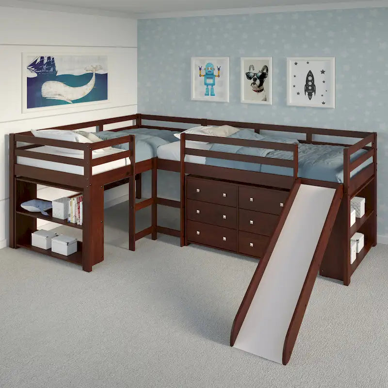 Ensemble de chambre mezzanine en L Double Twin avec toboggan, finition cappuccino foncé