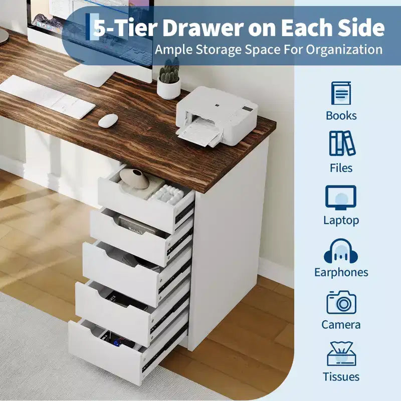 Bureau d'ordinateur de 119 cm avec 5 tiroirs de rangement, table d'étude/d'écriture réversible de style rustique moderne, poste de travail de bureau à domicile pour petits espaces