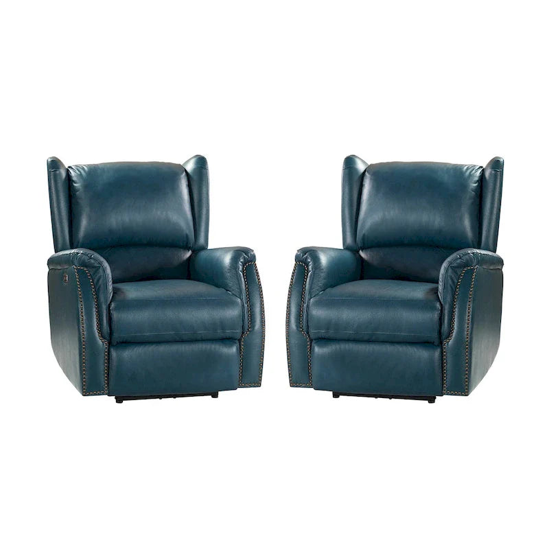 Fauteuil inclinable électrique en cuir véritable avec port USB – Dossier ailé clouté, ensemble de 2