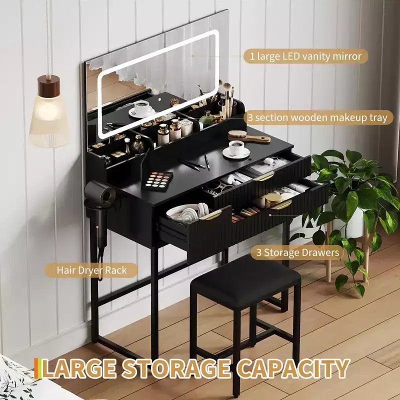 Coiffeuse avec miroir et lumières, miroir lumineux à LED, tiroirs de rangement spacieux pour produits cosmétiques et articles de toilette