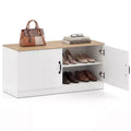 Banc à chaussures 2 portes avec étagères réglables et espace de rangement caché Naturel + Blanc/Blanc