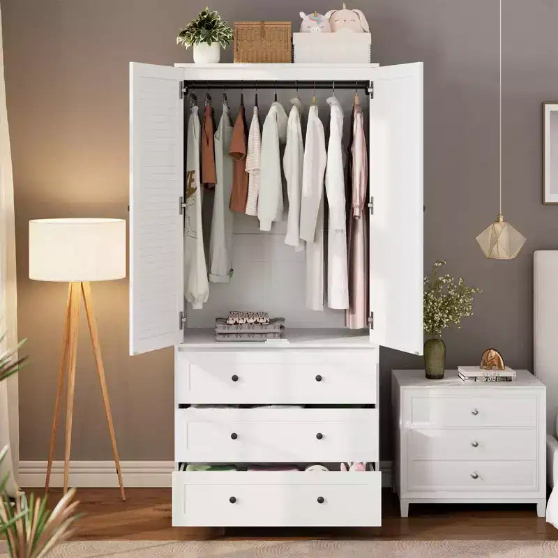 COZONY Armoire penderie avec 3 tiroirs et 2 portes, Placard de rangement moderne en bois pour chambre à coucher, Armoire sur pied blanche robuste