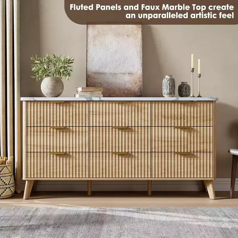 Commode cannelée à 9 tiroirs, commode moderne, meuble TV en bois, design à profil incurvé, pour salon, couloir