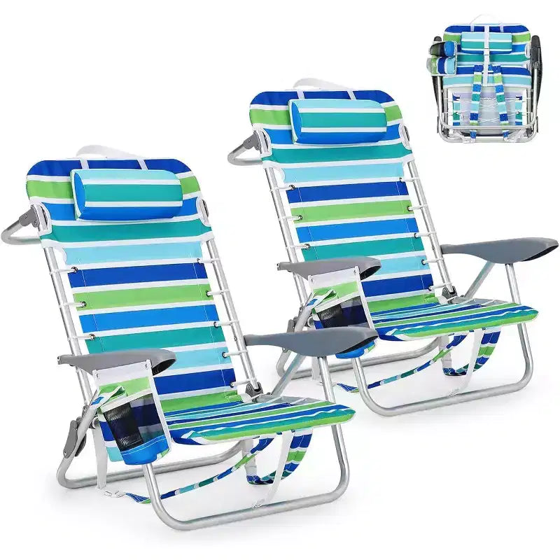 Acekool Lot de 2 chaises de plage légères pliables à 5 positions pour adultes avec sangles, porte-gobelet et barre à serviettes, supporte 136 kg