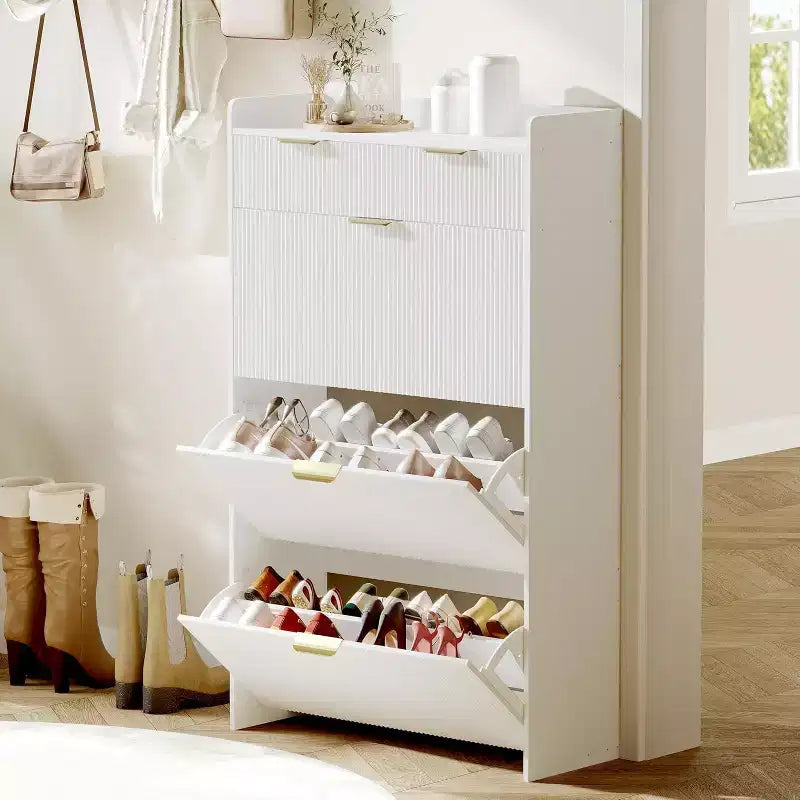 Meuble à chaussures moderne blanc avec 3 tiroirs basculants et 2 petits tiroirs et crochet, organiseur de rangement à chaussures fin cannelé, meuble d'entrée étroit