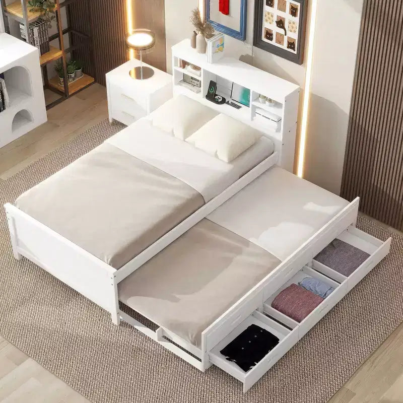Lit plateforme avec lit gigogne et tiroirs, lit plateforme de rangement avec USB, lit plateforme en bois avec bibliothèque