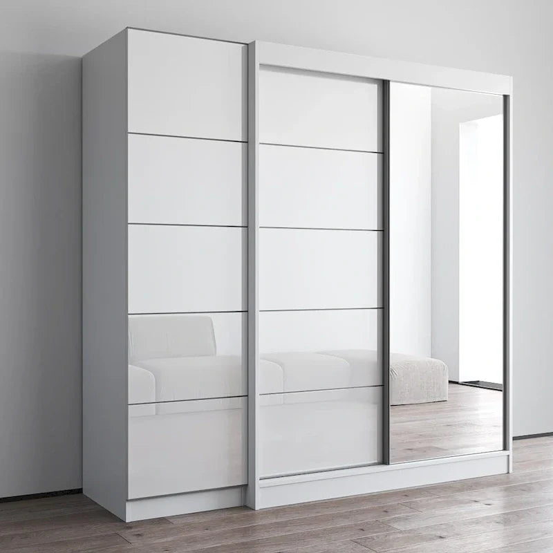Armoire 2 portes avec miroir, façade vitrée, 2 personnes (Gris / Noir / Blanc)