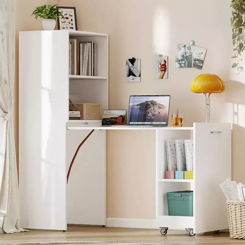 Bureau extensible MooxvMoo avec étagères de rangement et roulettes mobiles, table d'ordinateur pliable pour petits appartements et bureaux à domicile, blanc