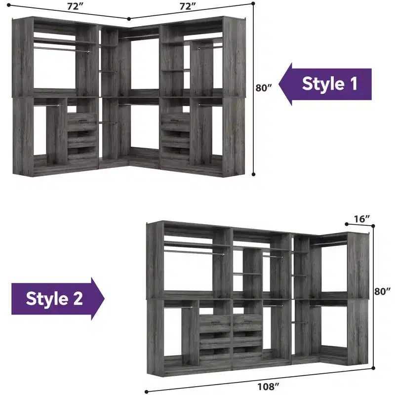 Besiost Lot de 3 dressings d'angle avec étagères et tiroirs, organisateur de placard autoportant avec tringles à vêtements