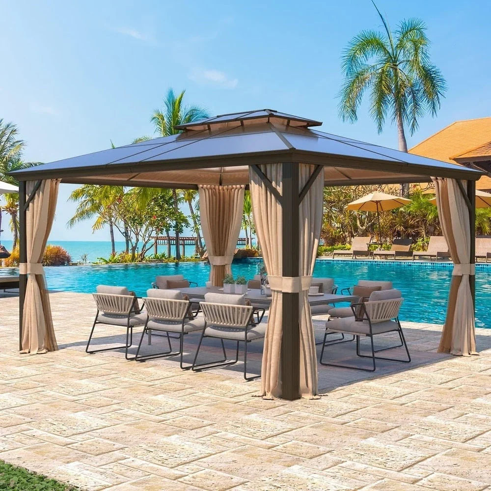 Tonnelle EROMMY à toit rigide, pergola extérieure avec double toit, moustiquaire et rideaux, auvent robuste pour patio, jardin, fête au bord de la piscine